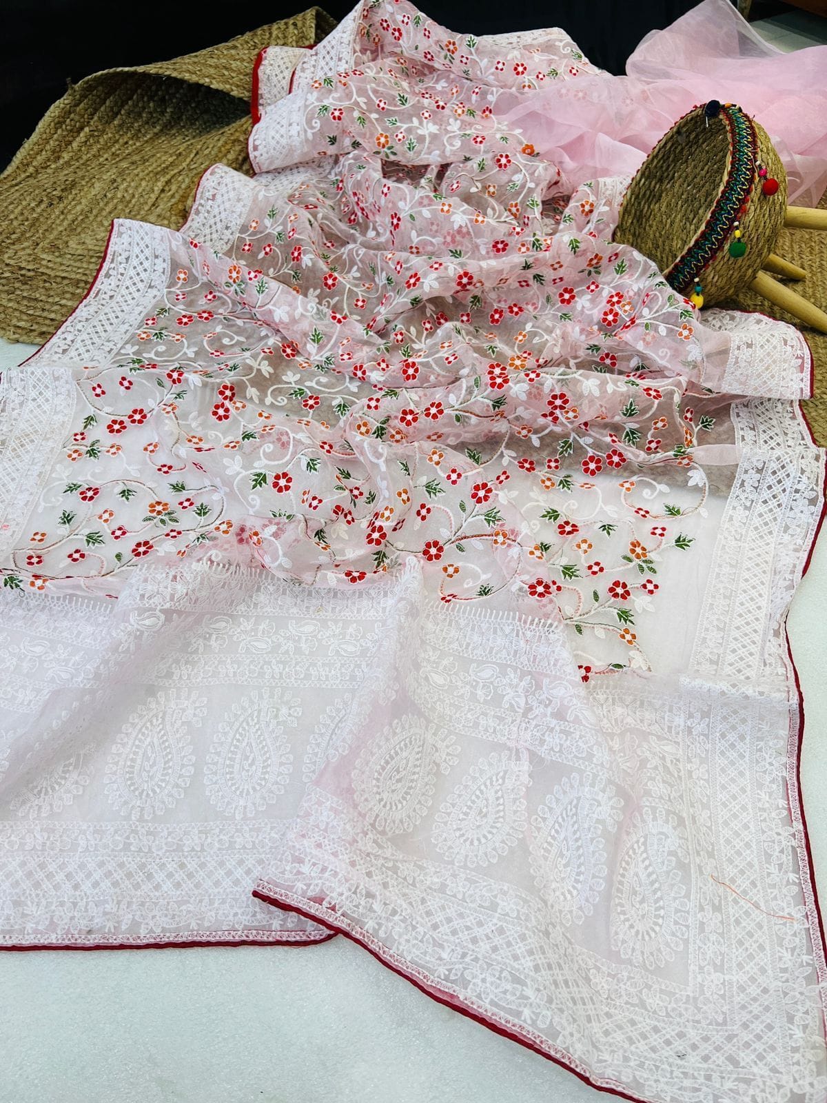 Organza chikankari saree Light Pink (2) Organza chikankari saree Light Pink (2)
