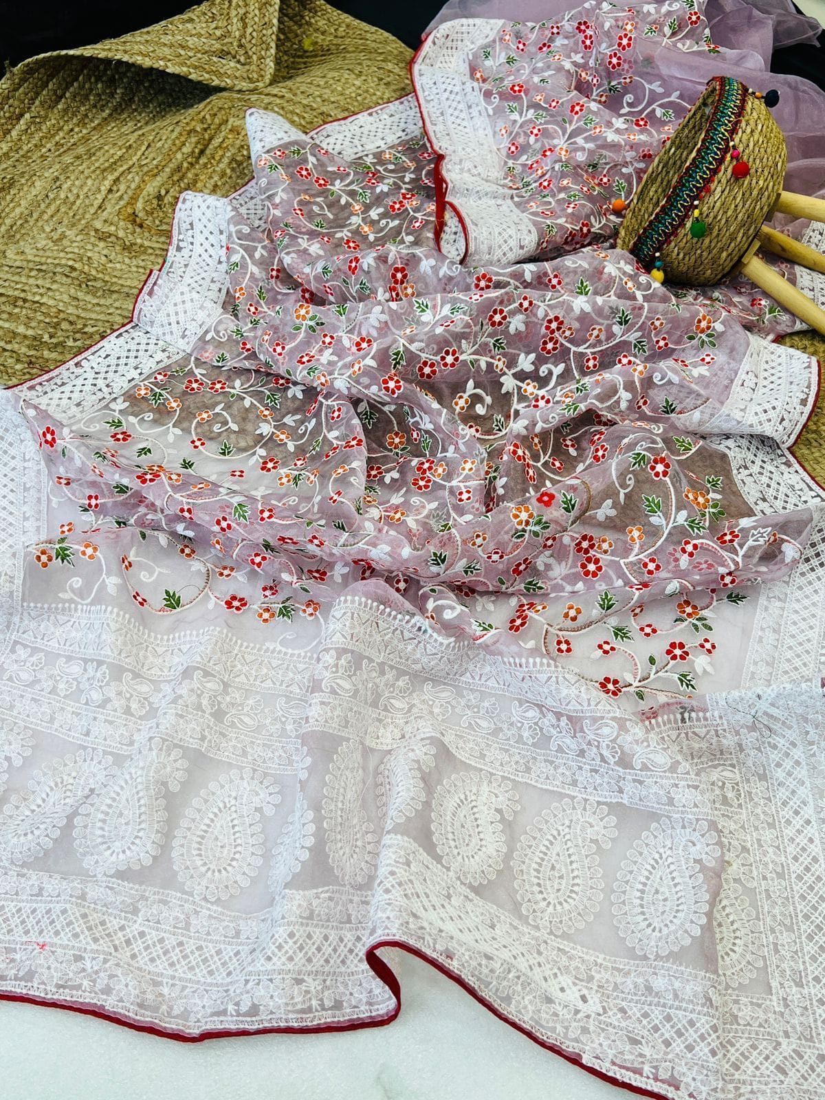Organza chikankari saree Purple (2) Organza chikankari saree Purple (2)