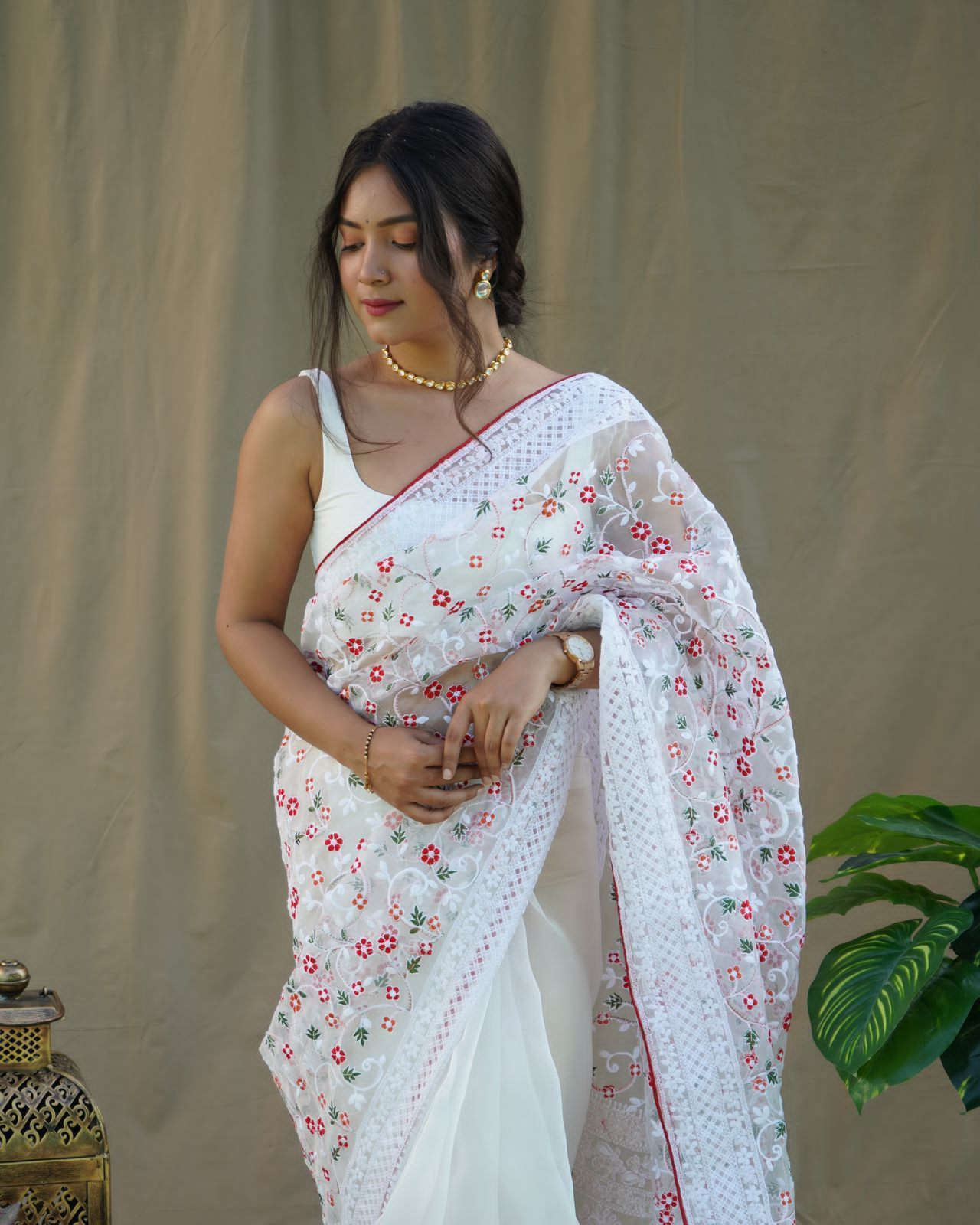 Organza chikankari saree White 1