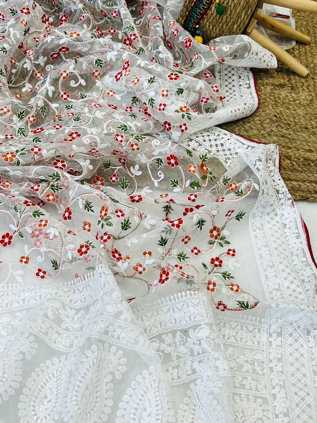 Organza chikankari saree White 4 Organza chikankari saree White 4