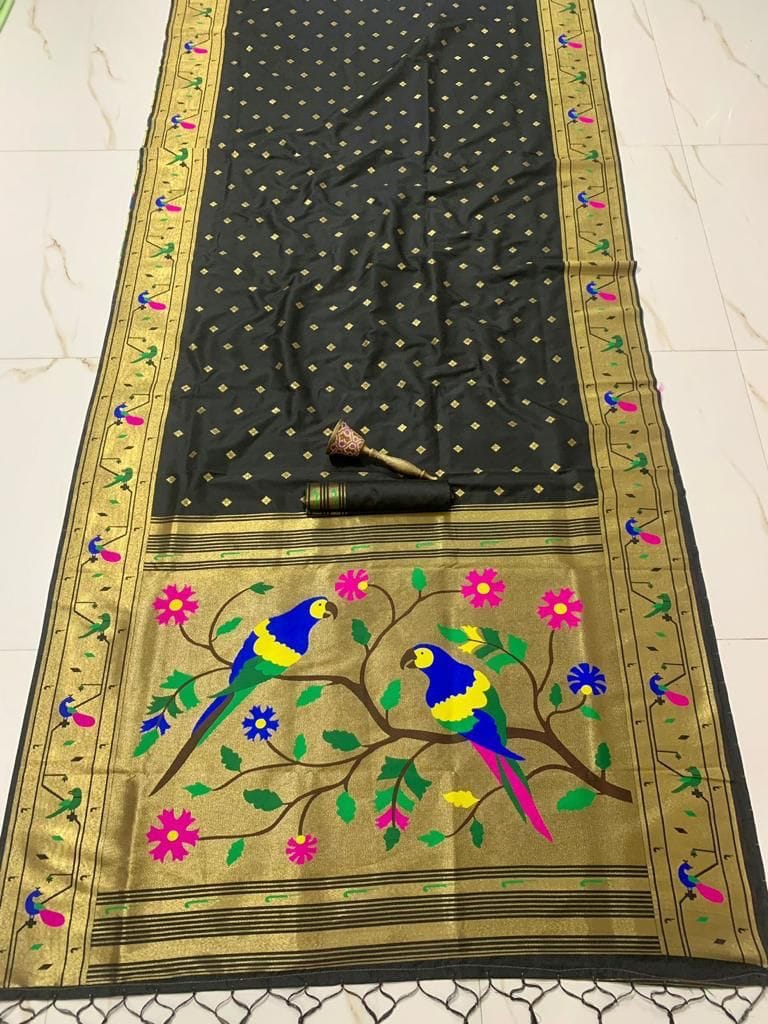 Women's Pure Soft Kanchivaram Paithani Saree Black Product detail view 11