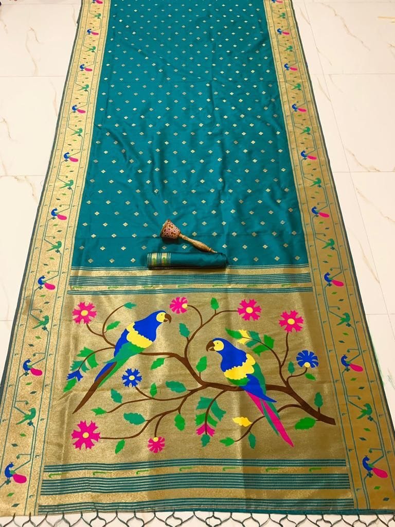 Women's Pure Soft Kanchivaram Paithani Saree Teal Product detail view 9