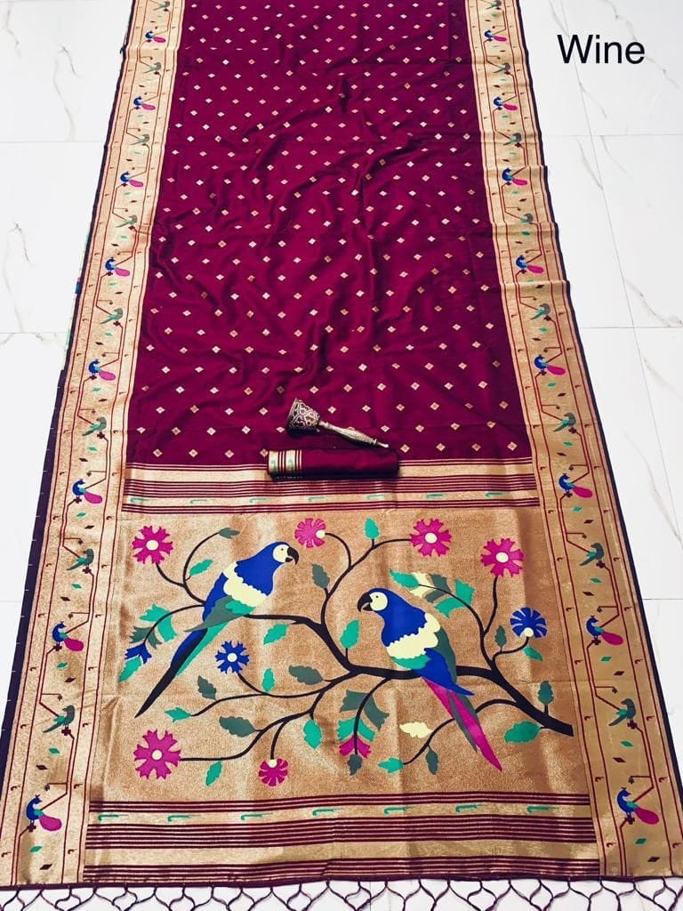 Women's Pure Soft Kanchivaram Paithani Saree Wine silk saree detail