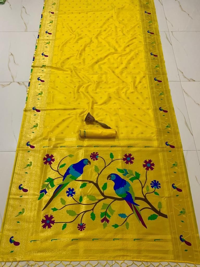Women's Pure Soft Kanchivaram Paithani Saree Yellow Paithani saree detail