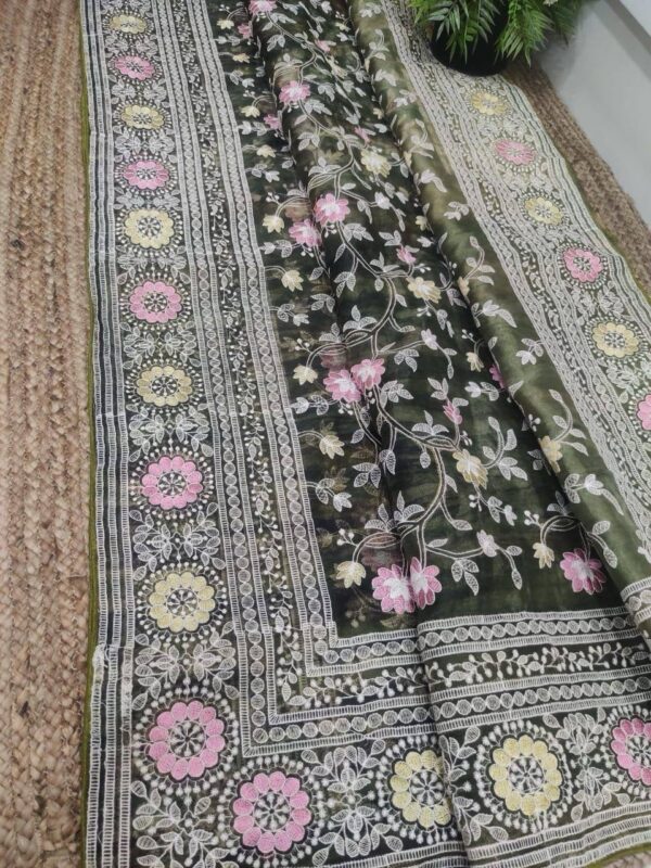 Organza printed Saree With Kashmiri Thread Work Gray (3)