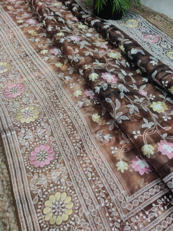 Organza printed Saree With Kashmiri Thread Work Light Brown (7)