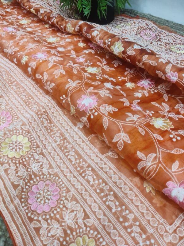 Organza printed Saree With Kashmiri Thread Work Orange (3)