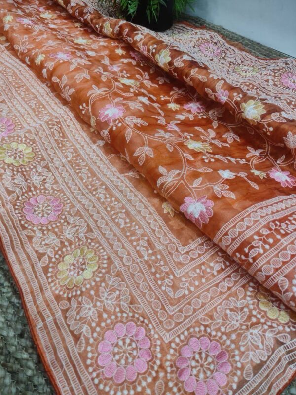 Organza printed Saree With Kashmiri Thread Work Orange (4)