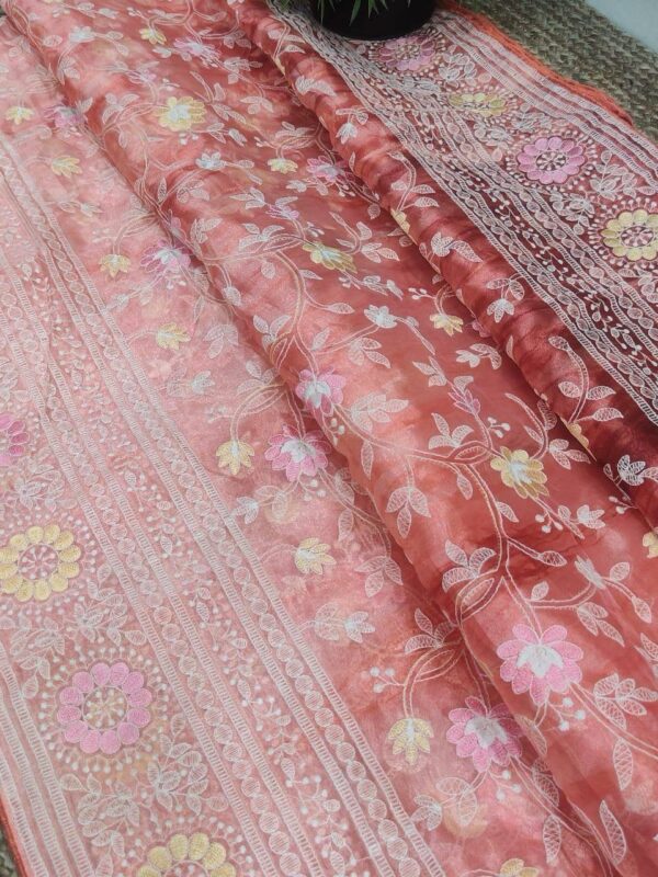 Organza printed Saree With Kashmiri Thread Work Peach (3)