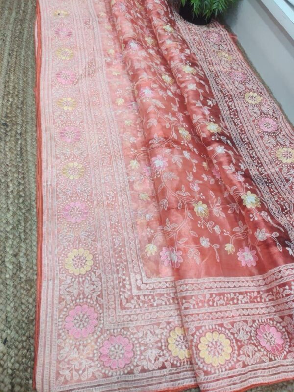 Organza printed Saree With Kashmiri Thread Work Peach (4)