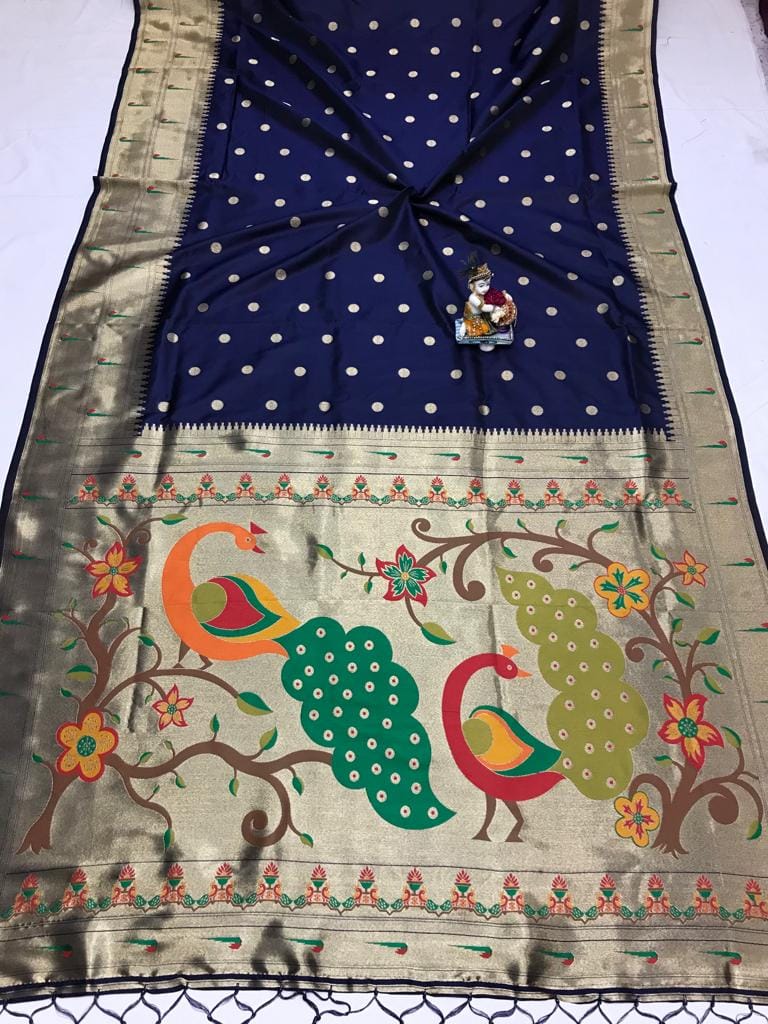 Paithani Silk Saree With Zari Weaving Work Navy Blue