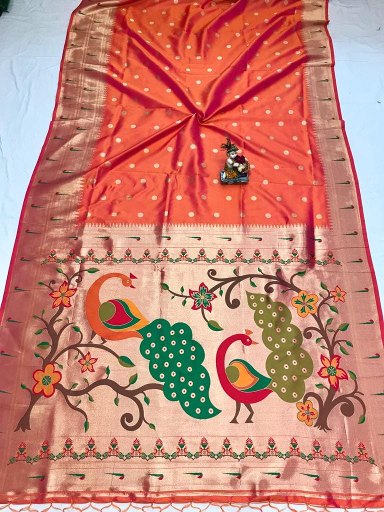 Paithani Silk Saree With Zari Weaving Work Orange