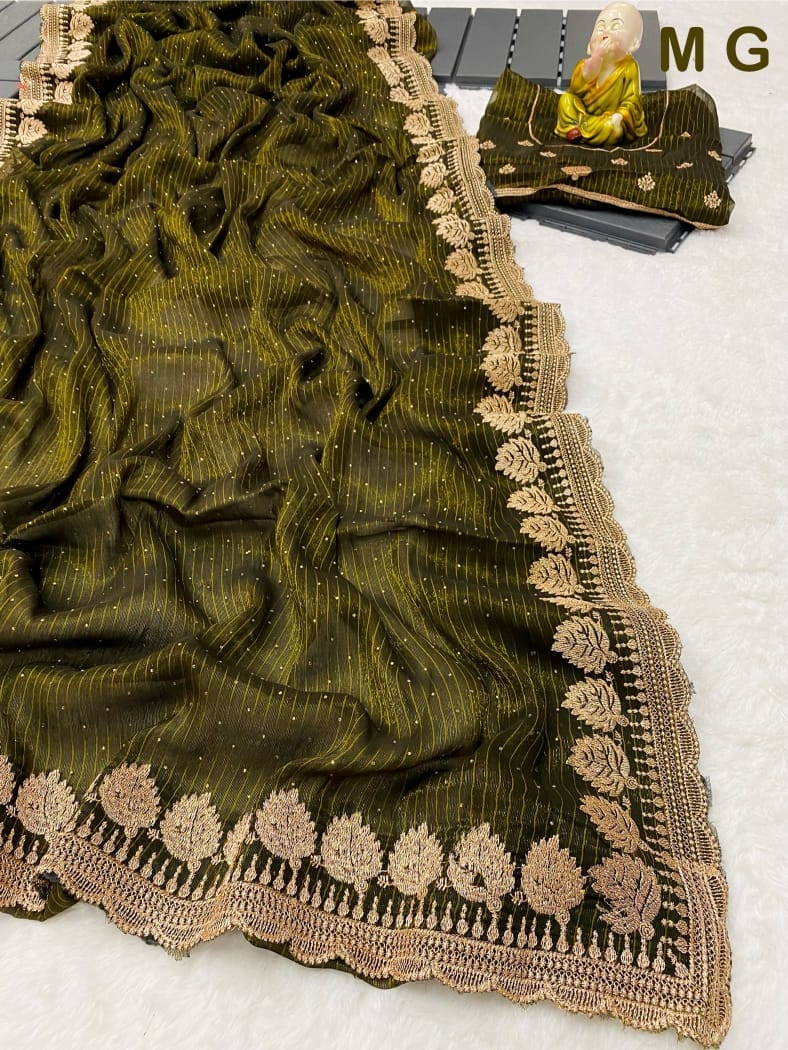 Shiney Simmer Chiffon Saree Mehendi Green (3) Shiney Simmer Chiffon Saree Mehendi Green (3)