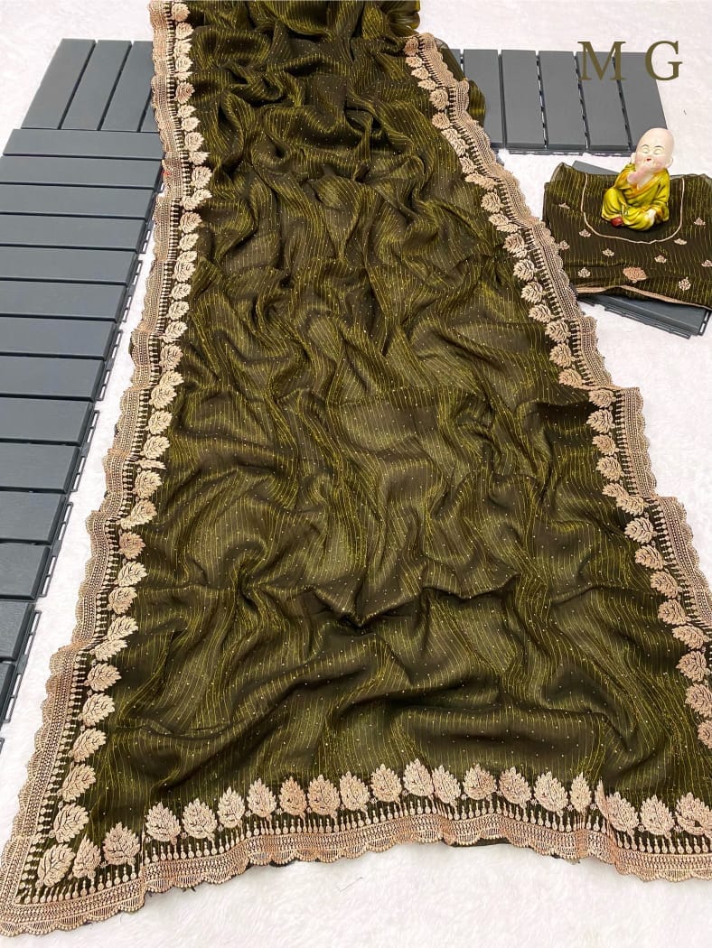 Shiney Simmer Chiffon Saree Mehendi Green Shiney Simmer Chiffon Saree Mehendi Green
