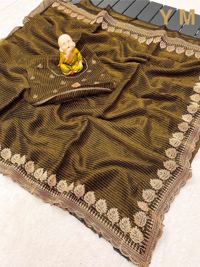 Shiney Simmer Chiffon Saree Yellow Mehendi Shiney Simmer Chiffon Saree Yellow Mehendi