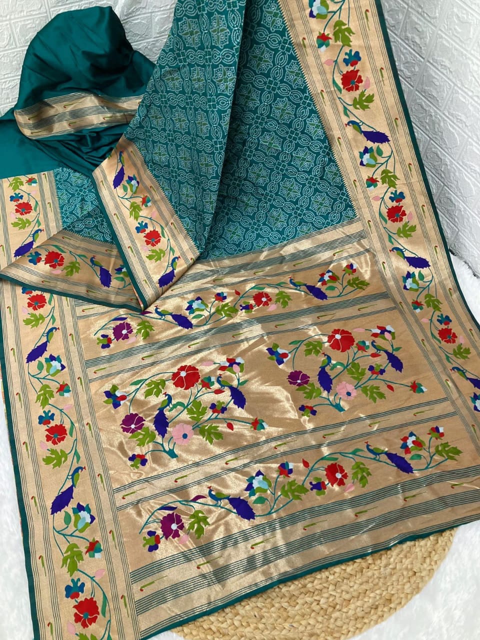 Bandhani Paithani Silk Sarees Cyan Bandhani Paithani Silk Sarees Cyan