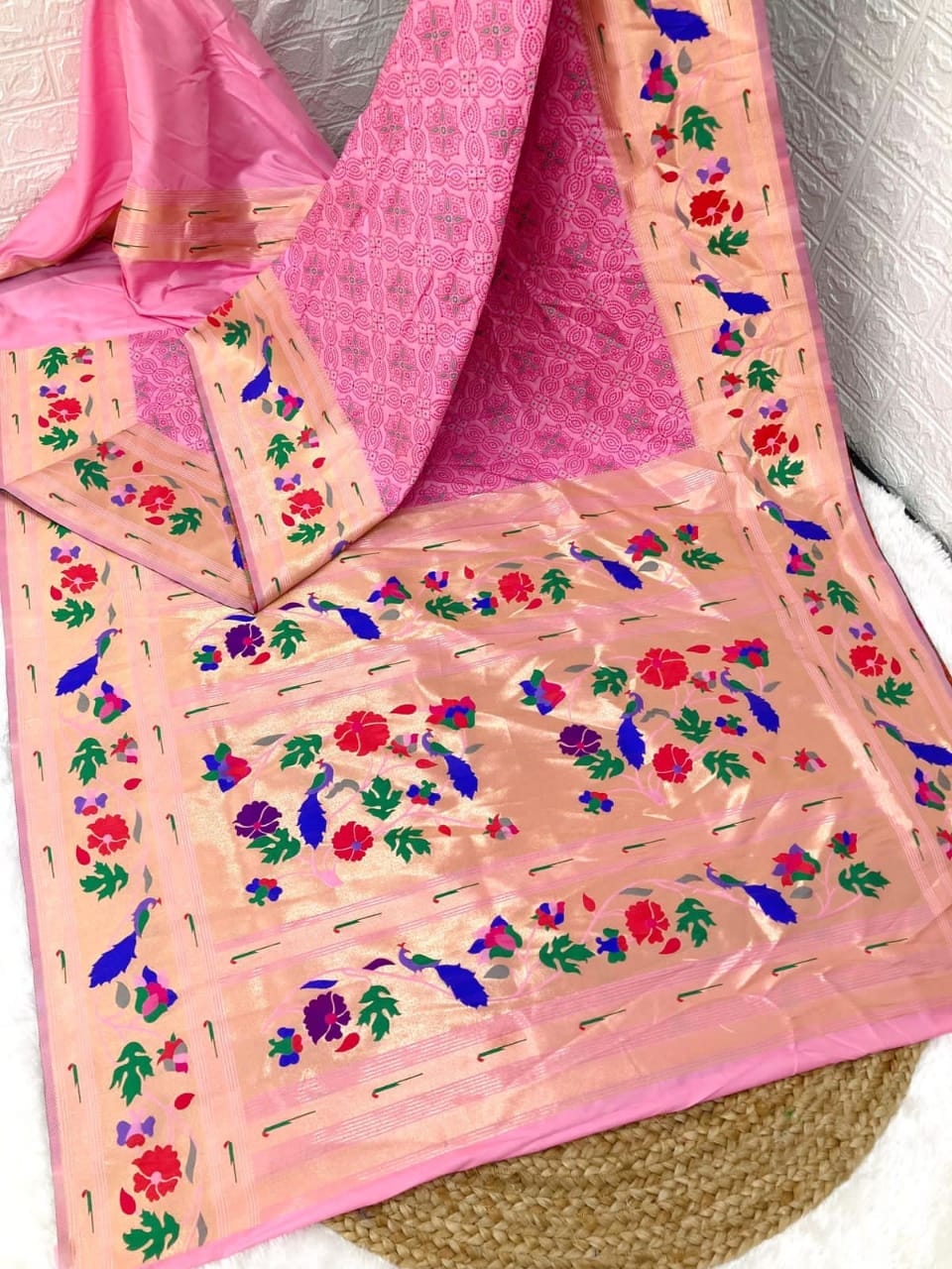Bandhani Paithani Silk Sarees LightPink Bandhani Paithani Silk Sarees LightPink