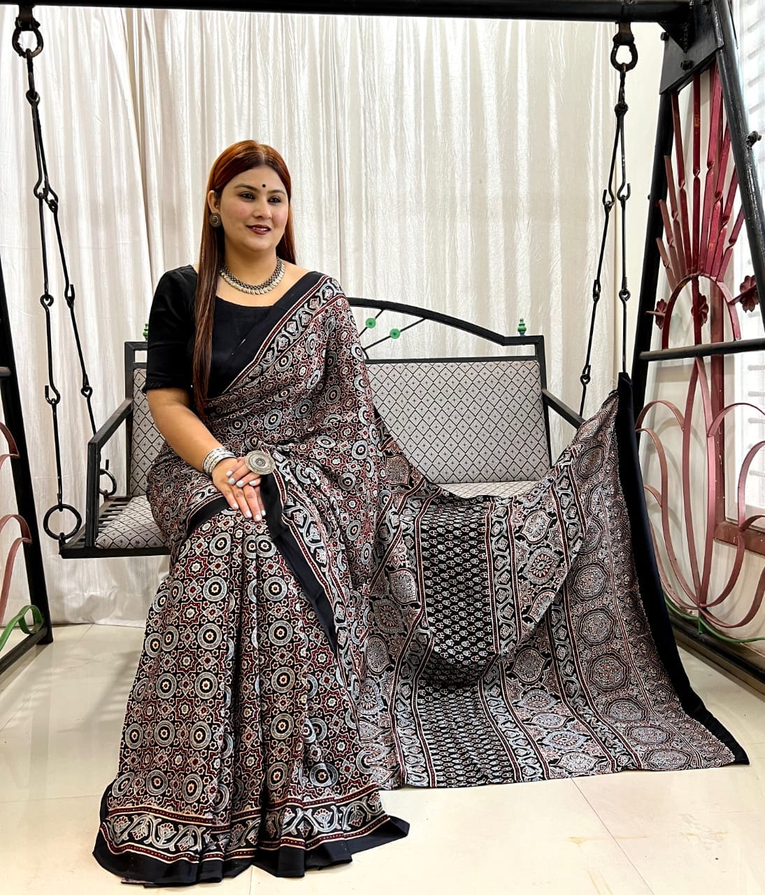 Ajrakh Hand Block Print Modal Silk Saree 01