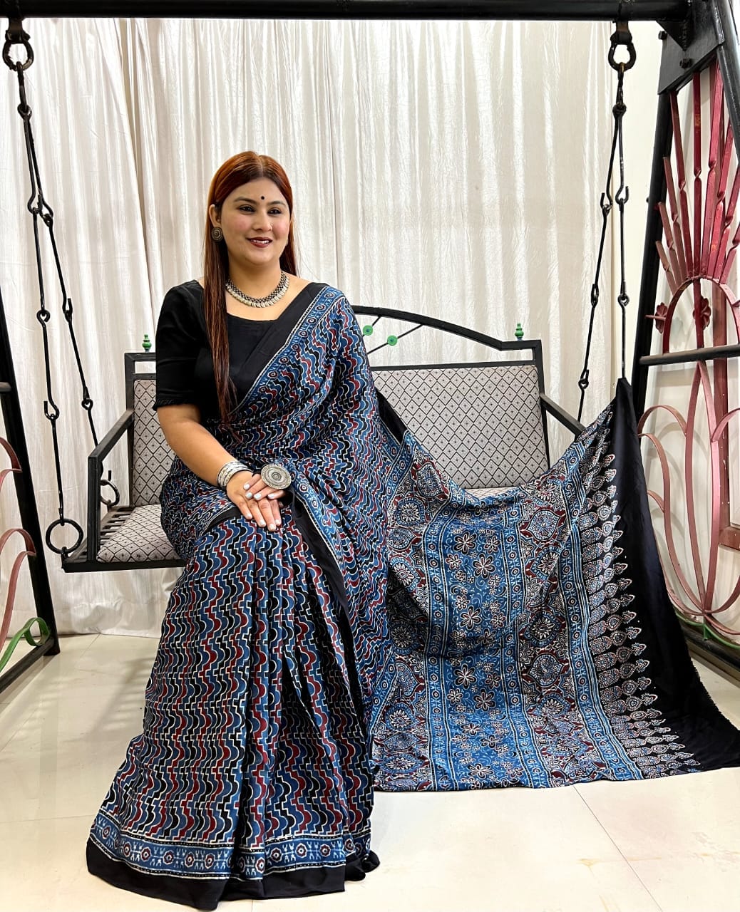 Ajrakh Hand Block Print Modal Silk Saree 02