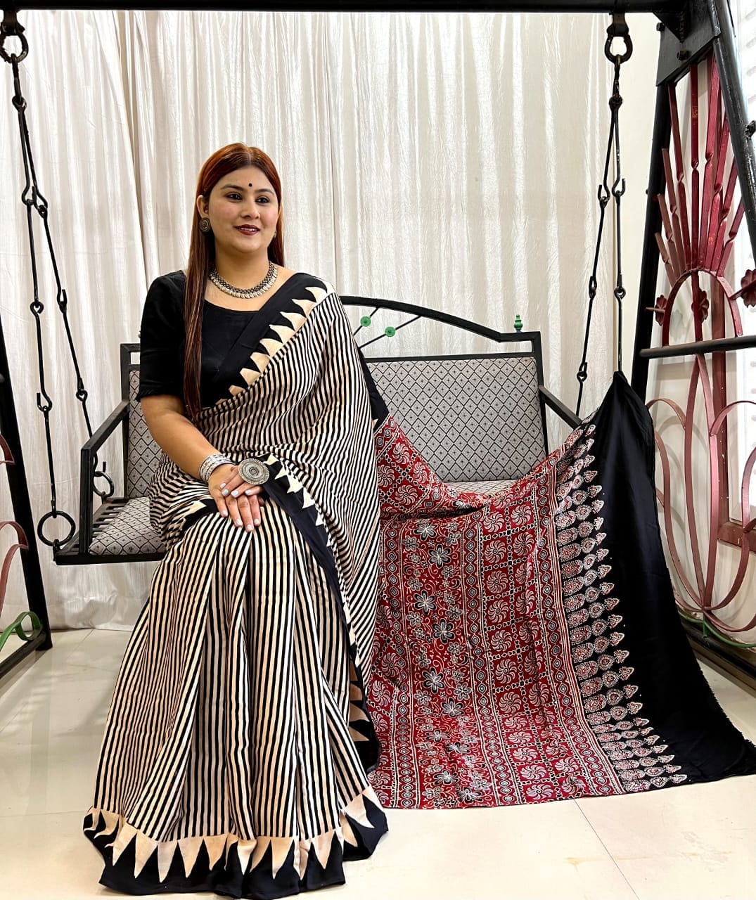 Ajrakh Hand Block Print Modal Silk Saree 03