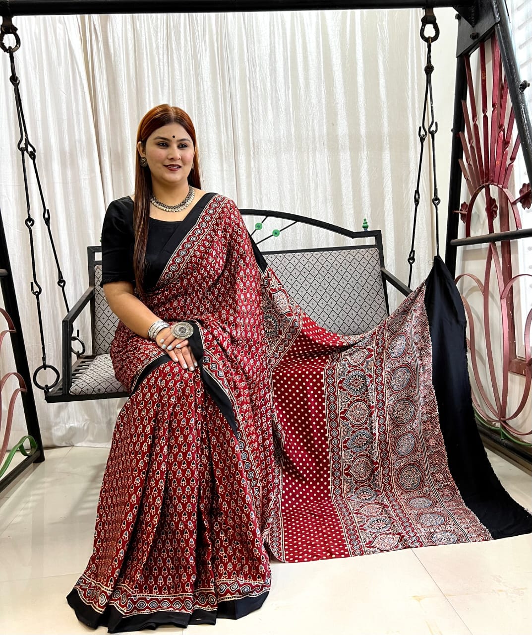 Ajrakh Hand Block Print Modal Silk Saree 04