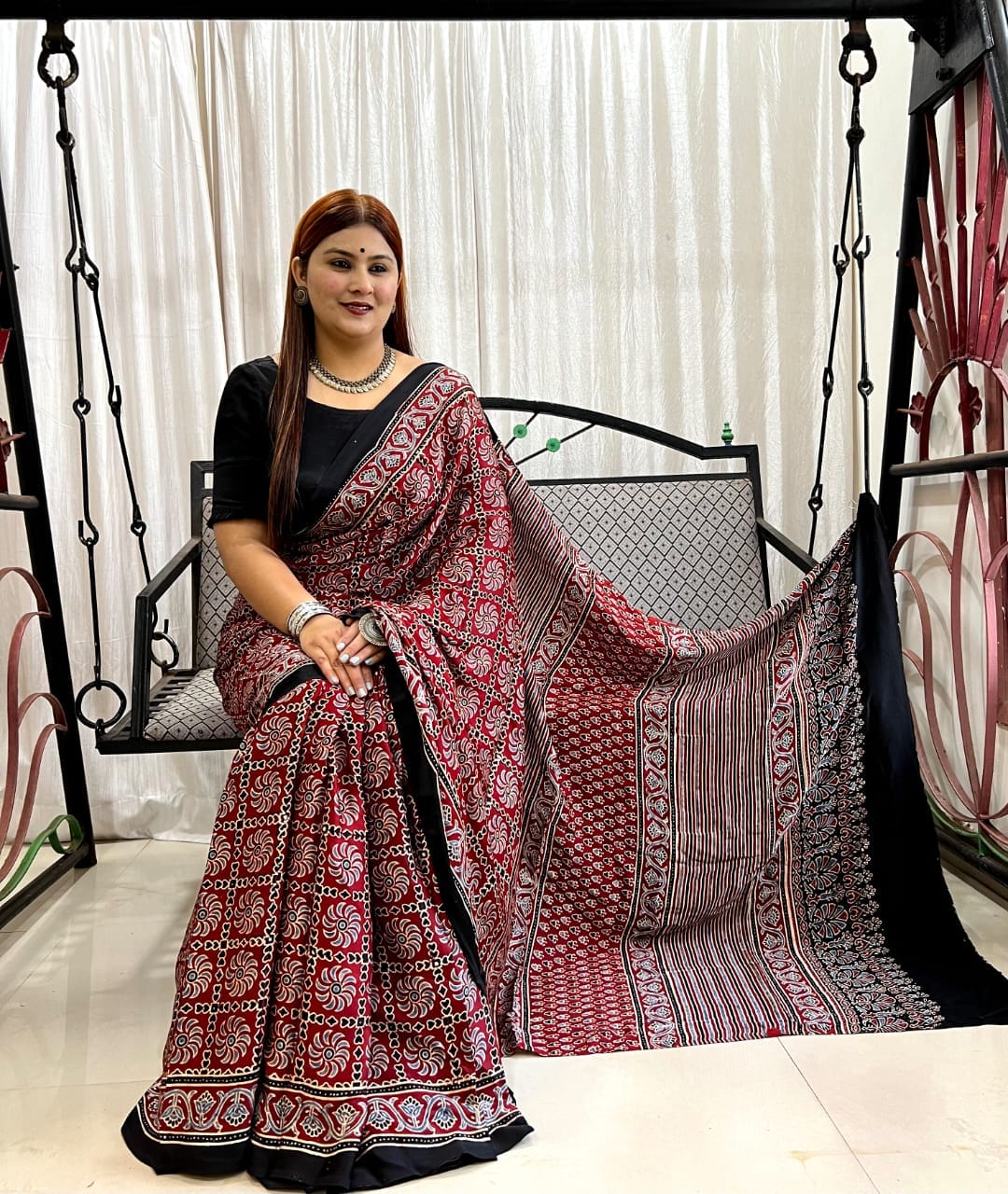 Ajrakh Hand Block Print Modal Silk Saree 06