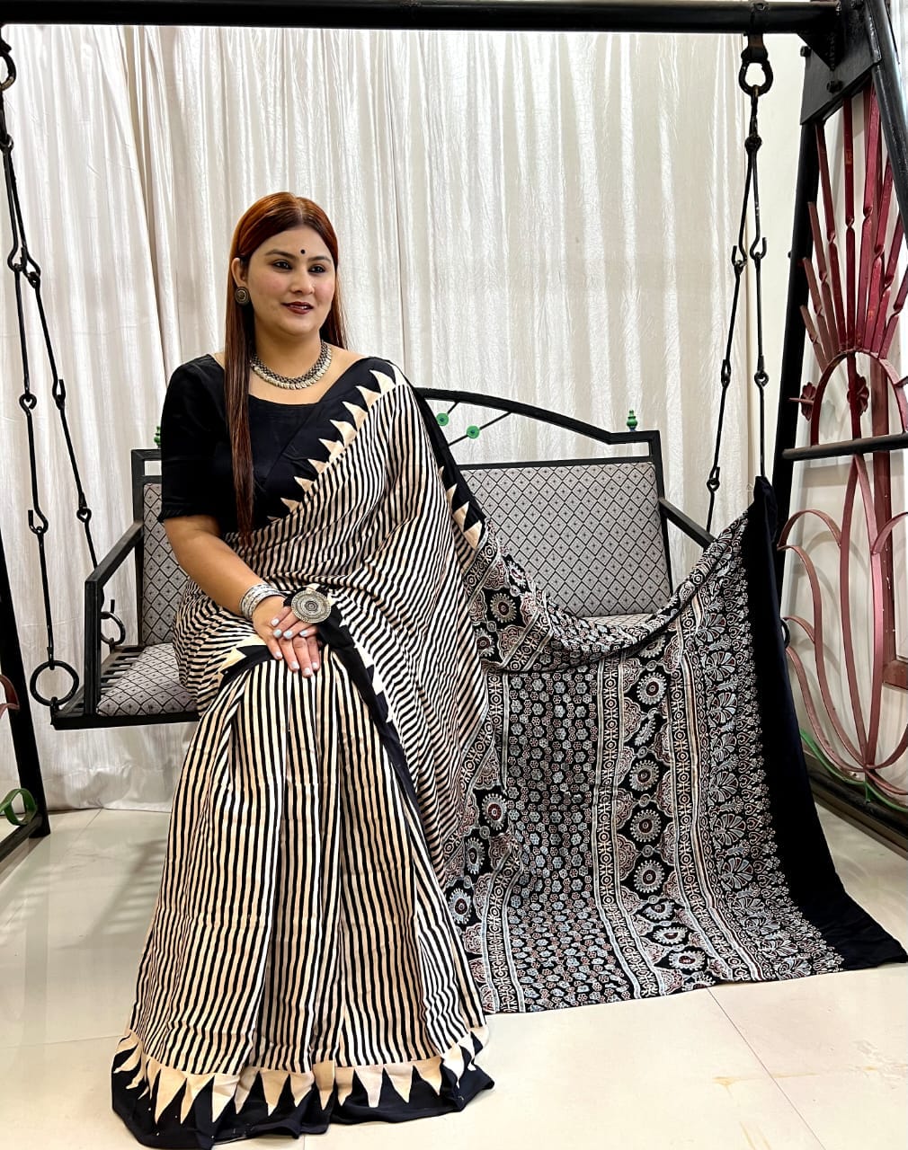 Ajrakh Hand Block Print Modal Silk Saree 07