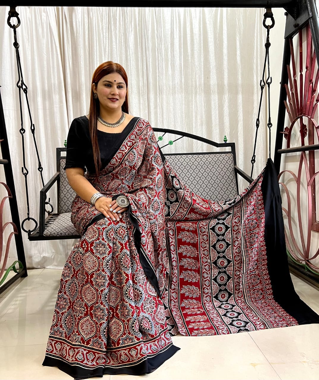 Ajrakh Hand Block Print Modal Silk Saree 08