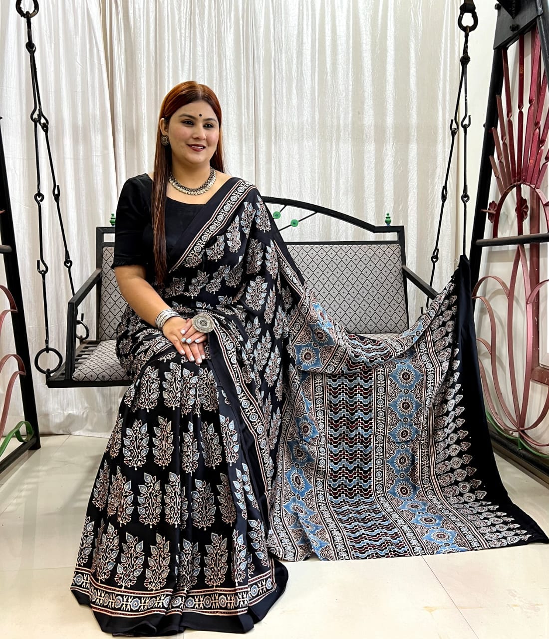 Ajrakh Hand Block Print Modal Silk Saree 09