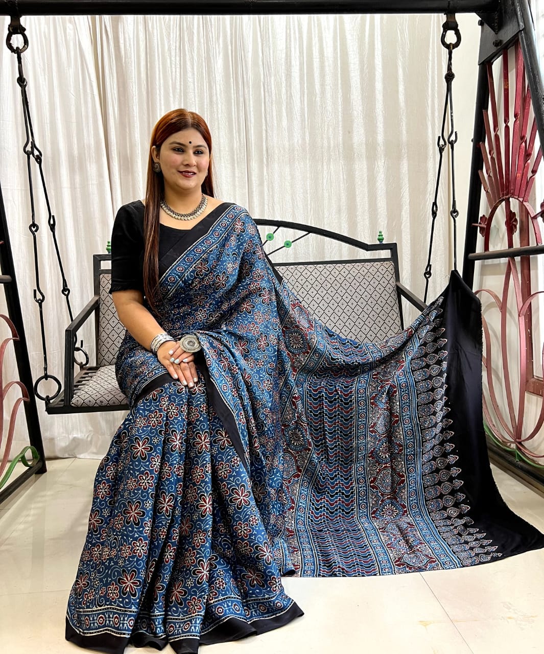 Ajrakh Hand Block Print Modal Silk Saree 10