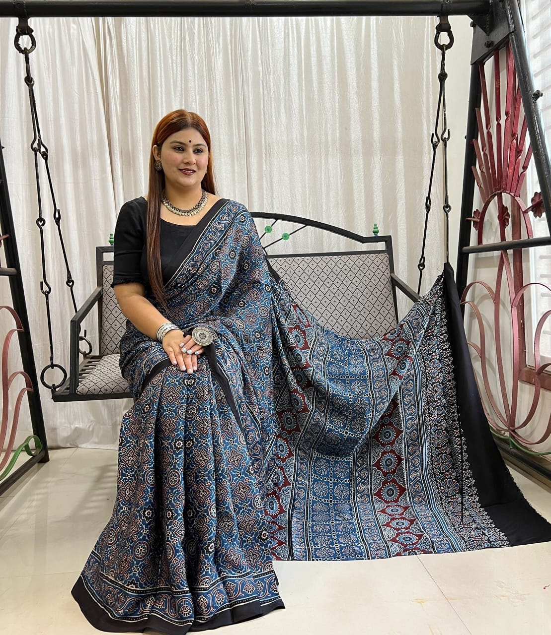 Ajrakh Hand Block Print Modal Silk Saree 12