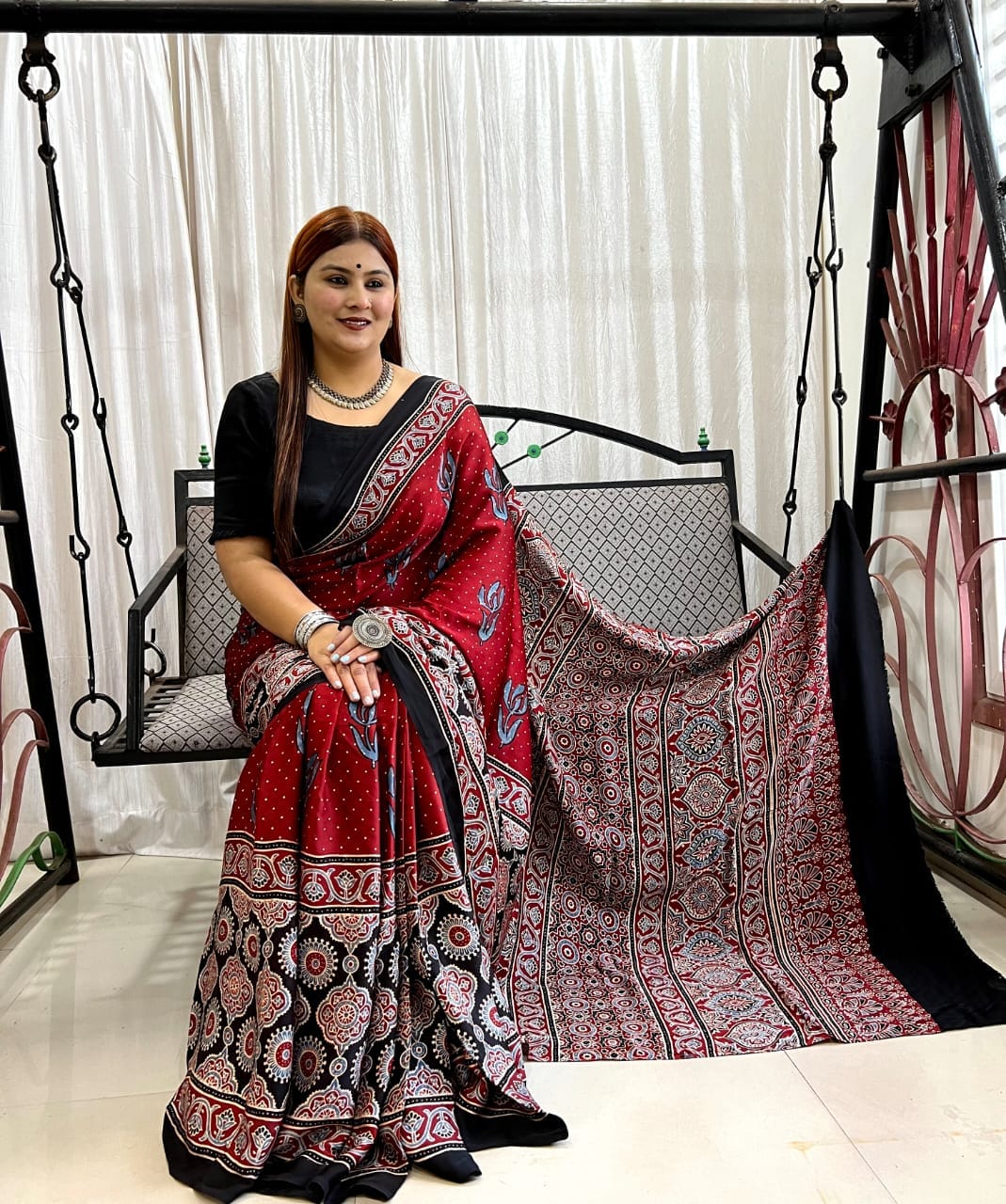 Ajrakh Hand Block Print Modal Silk Saree 13