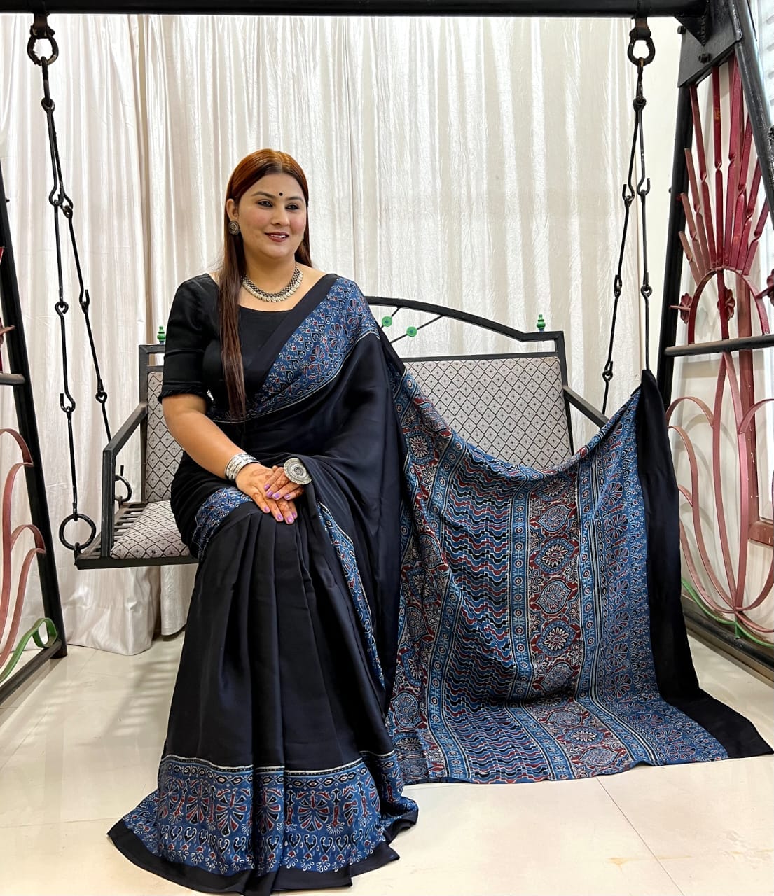 Ajrakh Hand Block Print Modal Silk Saree 21