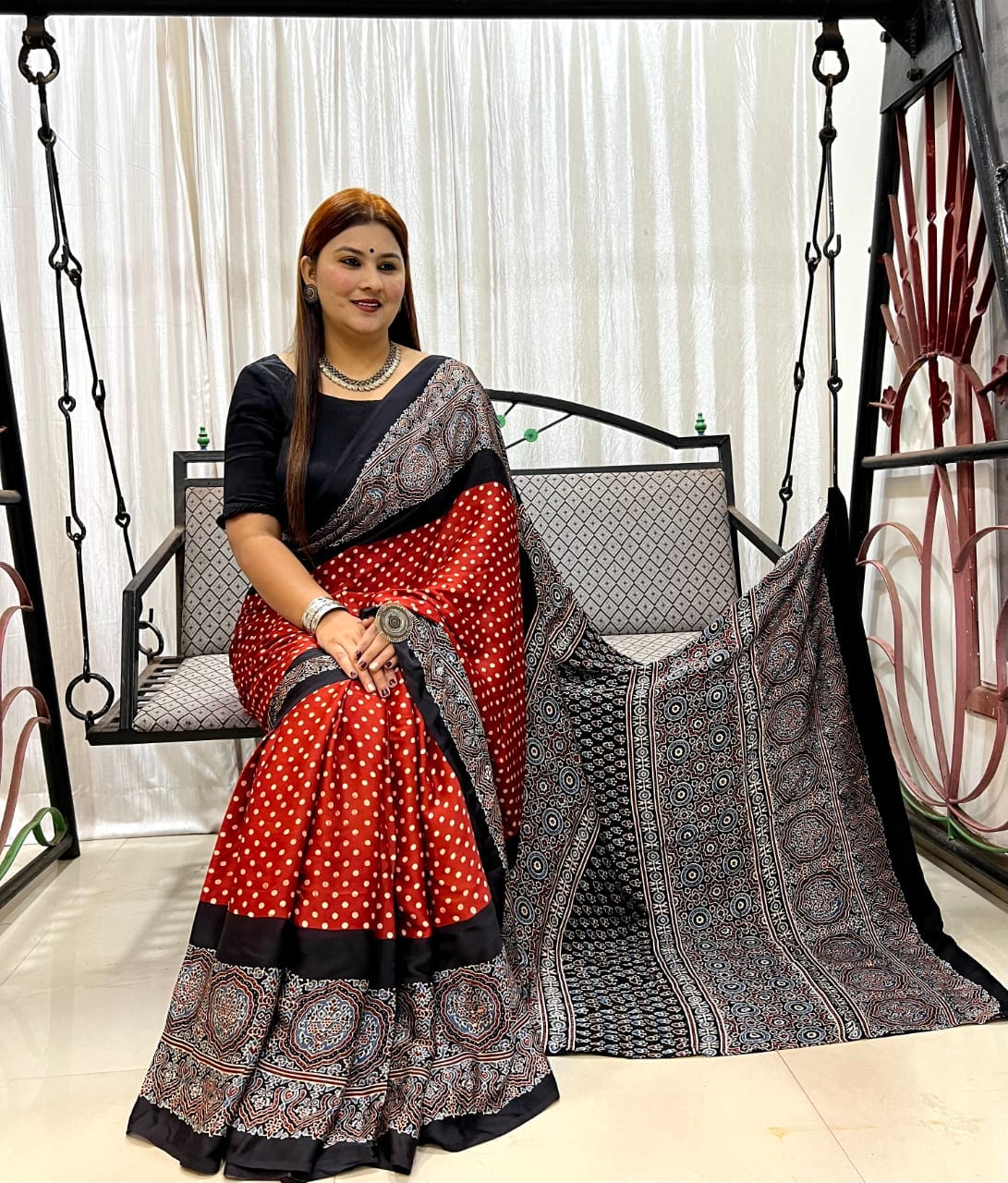 Ajrakh Hand Block Print Modal Silk Saree 32