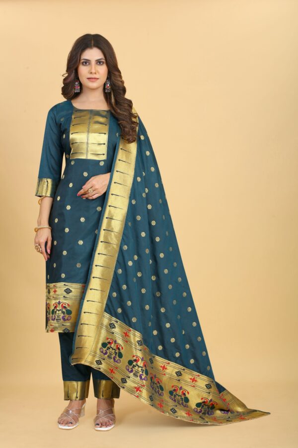 Paithani Soft Silk Salwar Suit Firozi