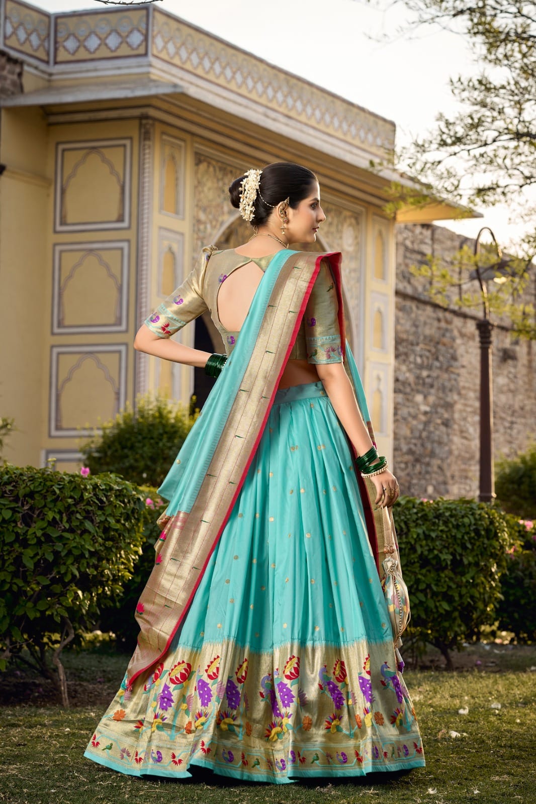 Jacquard Silk Paithani Lehenga Choli Blue Back Jacquard Silk Paithani Lehenga Choli Blue Back