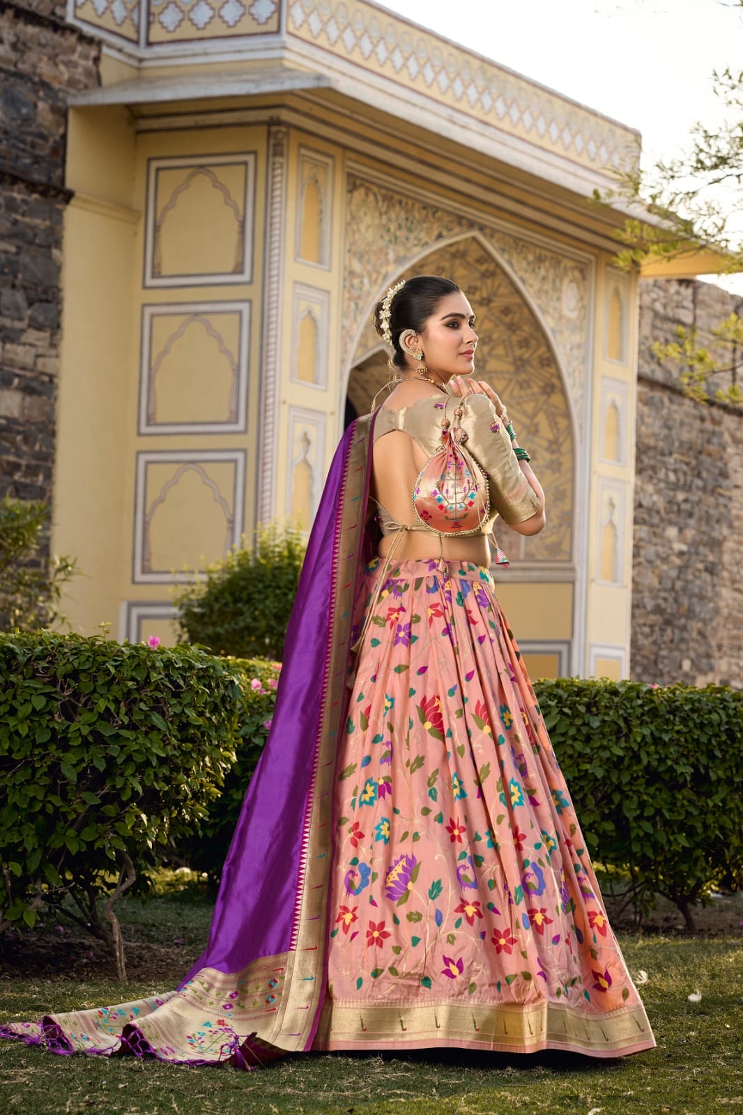 Jacquard Silk Paithani Lehenga Choli Peach Left Jacquard Silk Paithani Lehenga Choli Peach Left