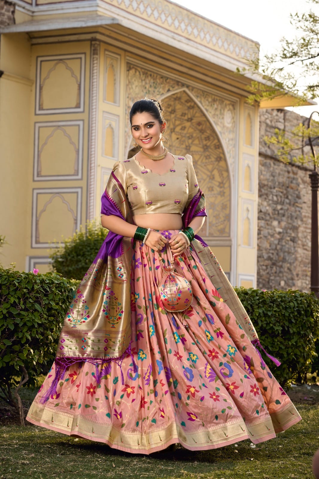 Jacquard Silk Paithani Lehenga Choli Peach Right Jacquard Silk Paithani Lehenga Choli Peach Right