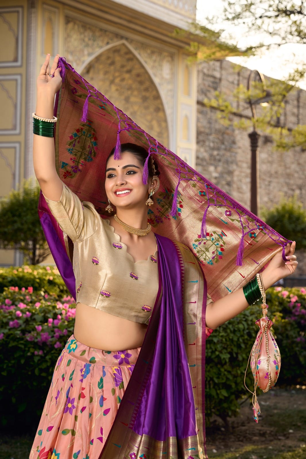 Jacquard Silk Paithani Lehenga Choli Peach Zoom Jacquard Silk Paithani Lehenga Choli Peach Zoom