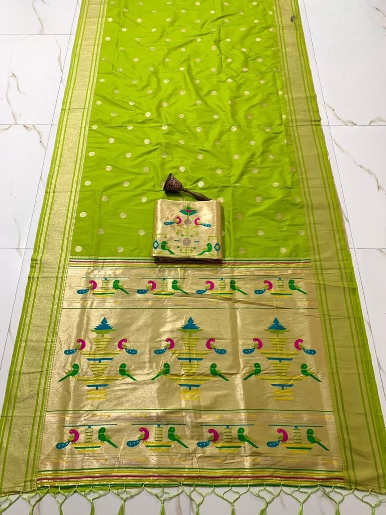 Nauvari Sadi - A Traditional Maharashtrian Attire Greenish-Yellow Nauvari Sadi - A Traditional Maharashtrian Attire Greenish-Yellow