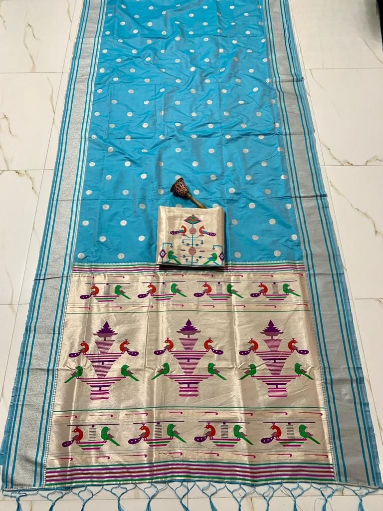 Nauvari Sadi - A Traditional Maharashtrian Attire Sky-Blue Nauvari Sadi - A Traditional Maharashtrian Attire Sky-Blue