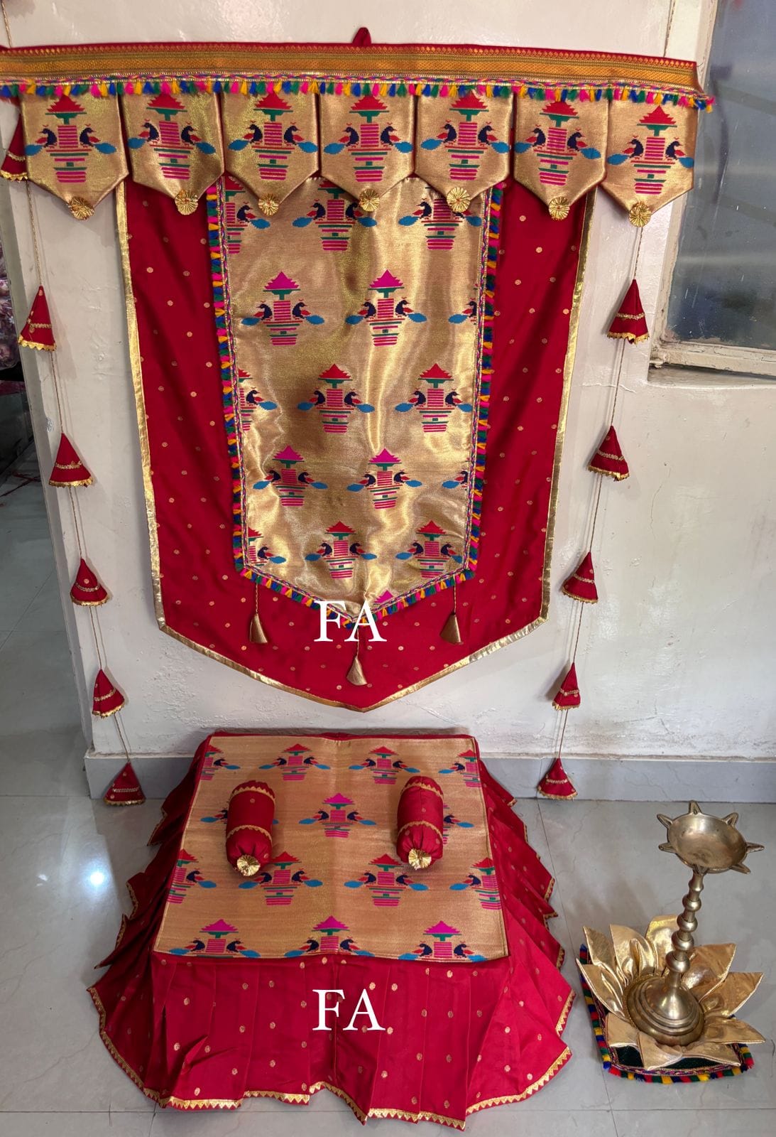 Red Premium Paithani Backdrop and Chaurang Cover Combo D1 Red Premium Paithani Backdrop and Chaurang Cover Combo D1