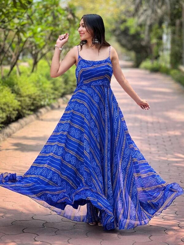 Georgette Bandhej Print Gown Blue