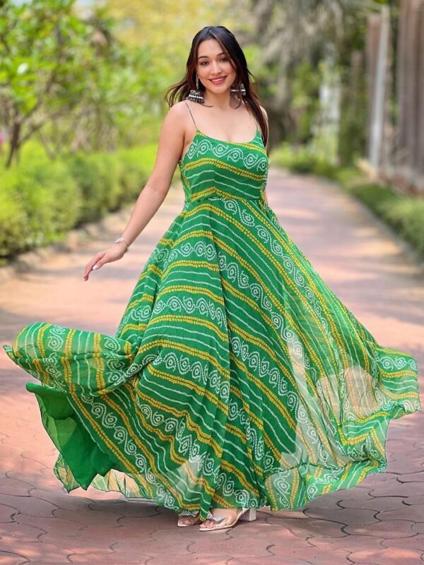 Georgette Bandhej Print Gown Green