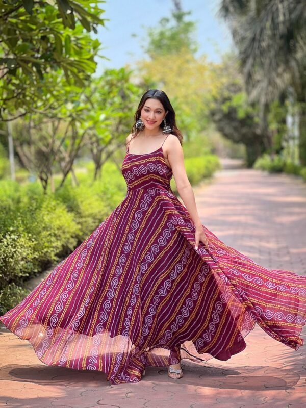 Georgette Bandhej Print Gown Maroon