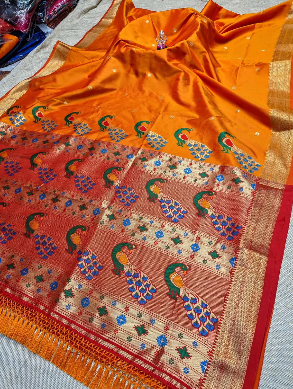Orange Peacock Pallu Paithani Product detail view 5