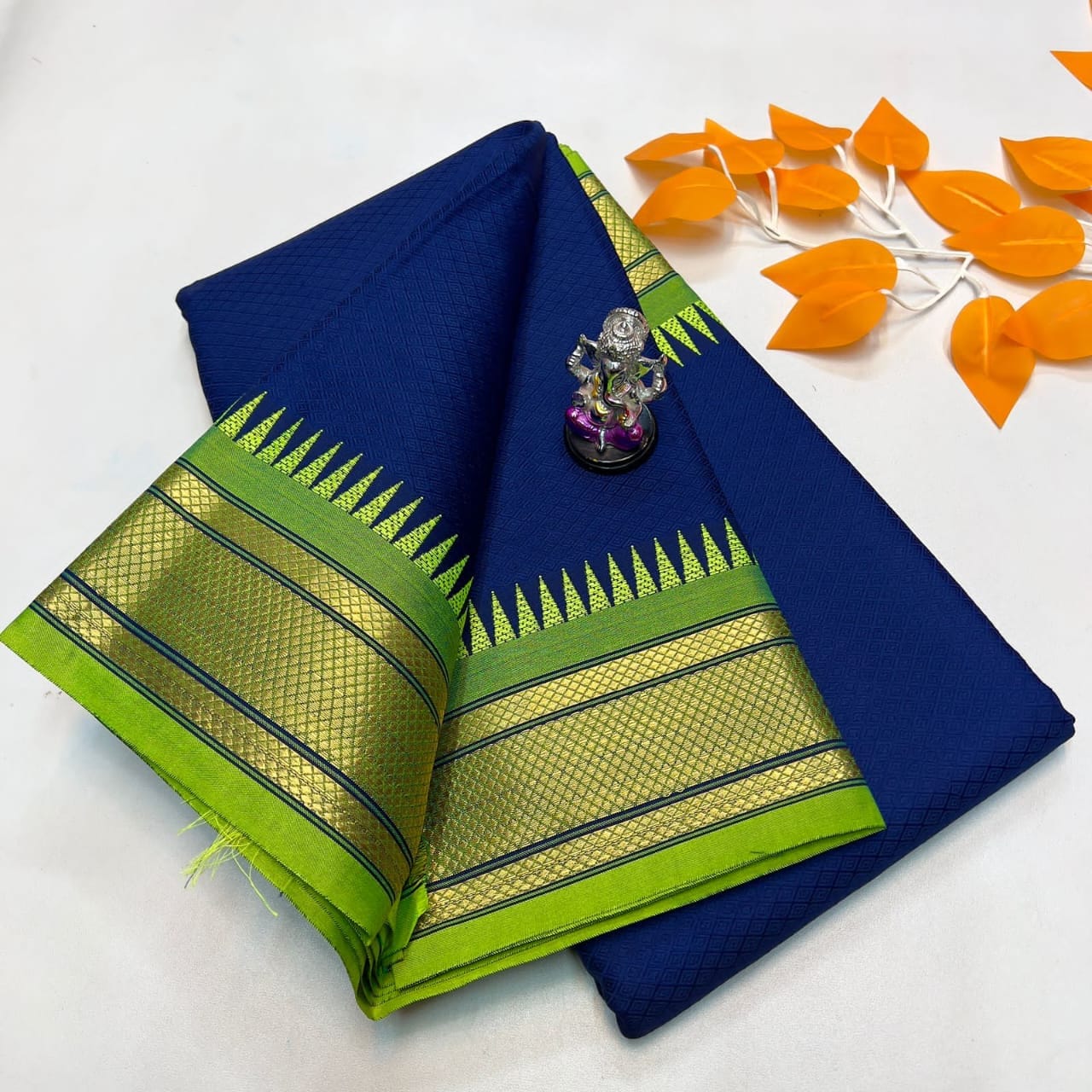 Katki Khan Paithani Saree Blue And Parrot Green Katki Khan Paithani Saree Blue And Parrot Green