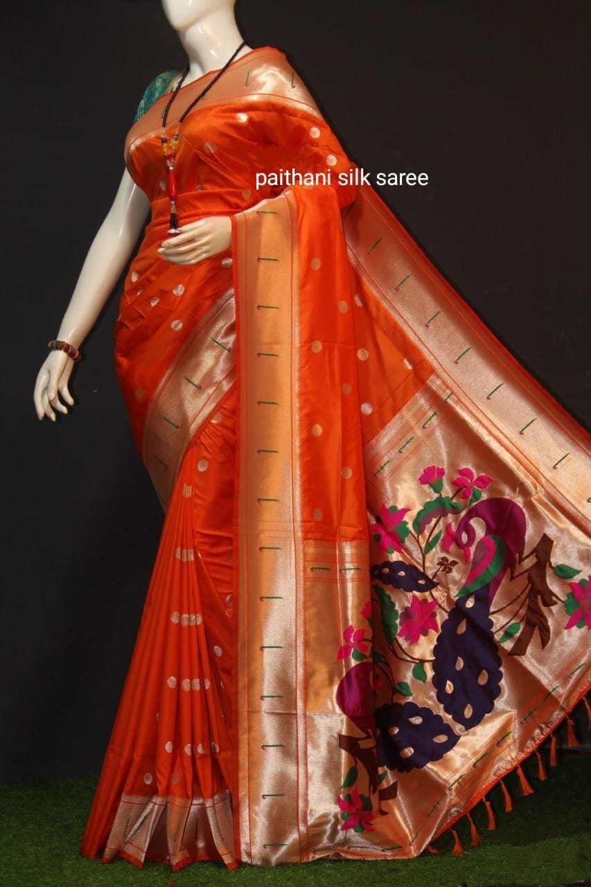 Single Muniya Border Paithani Orange Orange Single Muniya Border Paithani