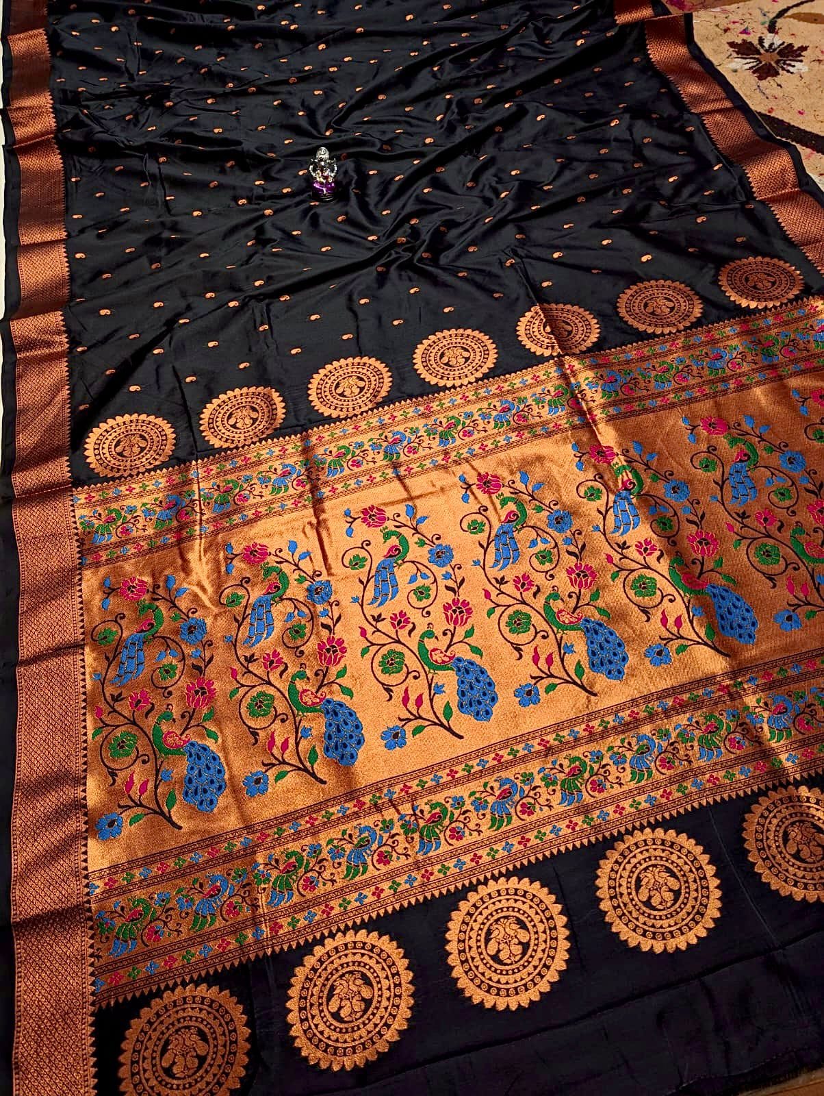 Vedika Soft Silk Paithani Black Traditional yellow Paithani silk saree for Makar Sankranti celebrations.