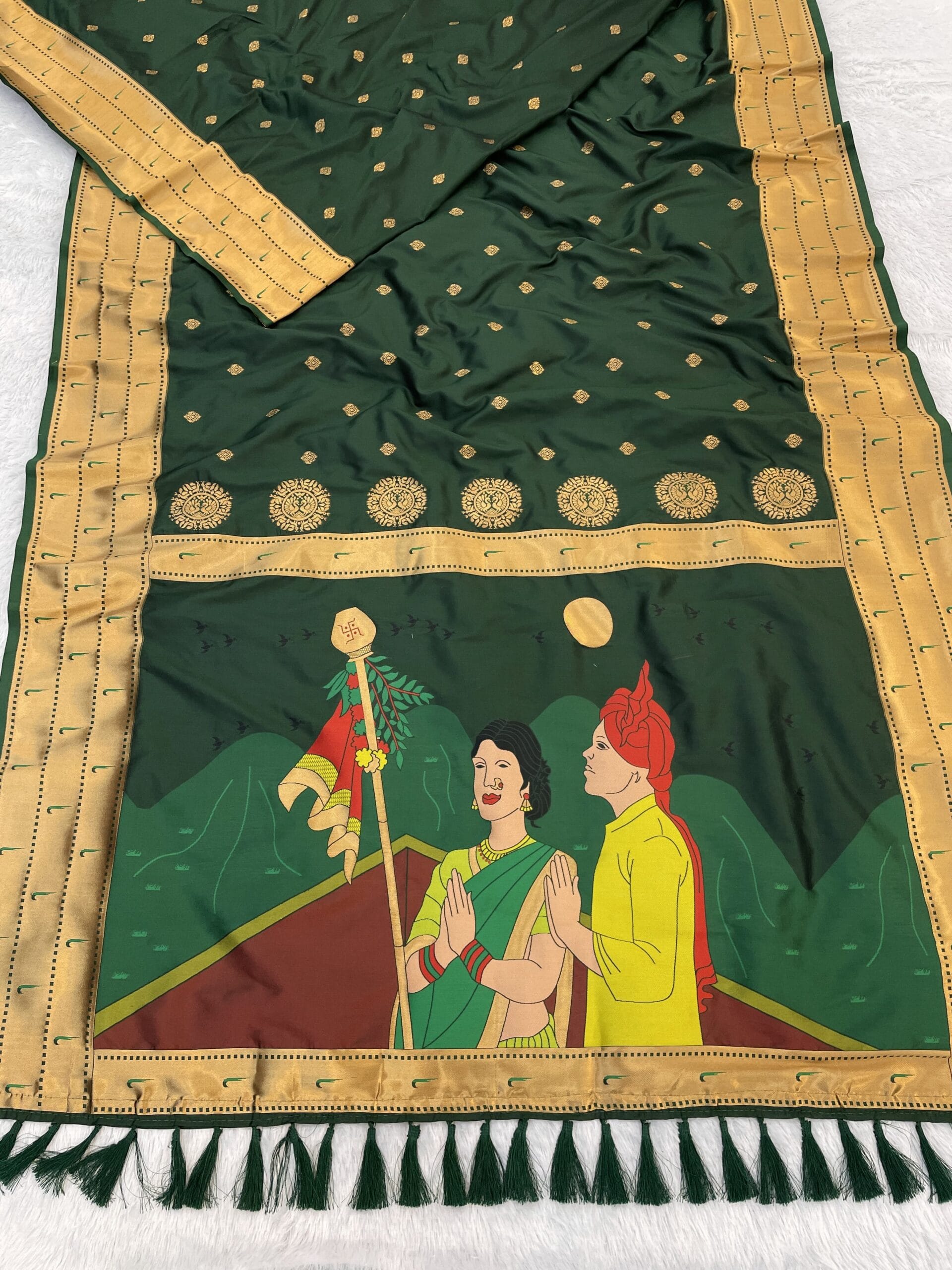 Green Gudi Padwa Special Saree Green Maharashtrian woman wearing a traditional silk saree for Gudi Padwa celebration.